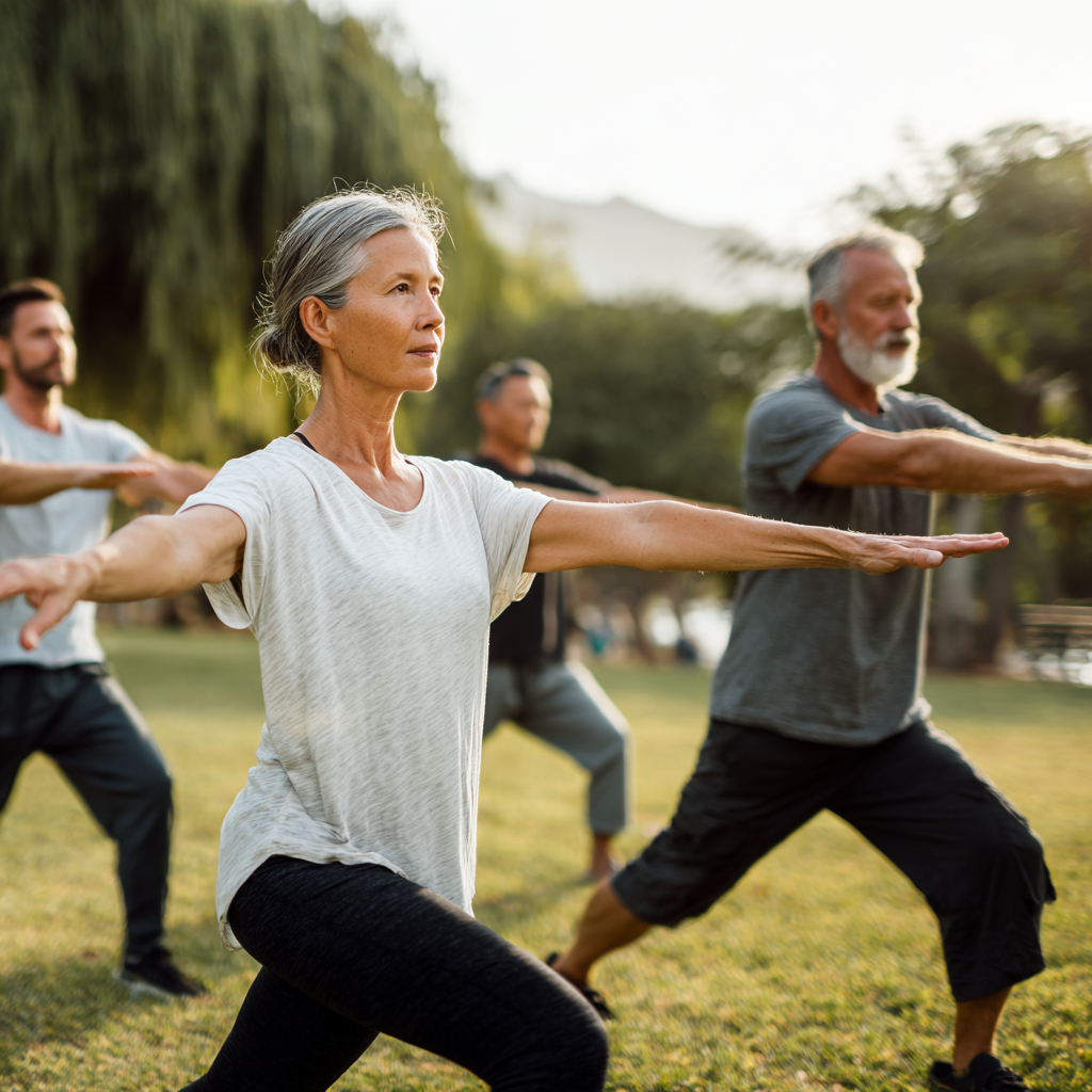 Middle-aged adults practicing functional movement exercises in natural outdoor setting